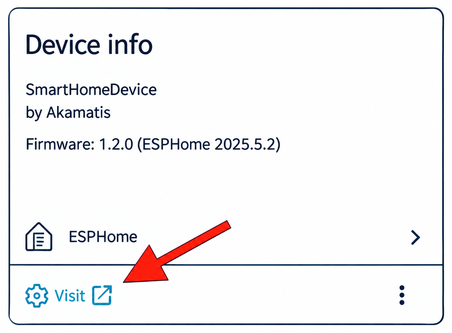 Pen-outline illustration of Home Assistant's Device info card, with a red arrow pointing to the blue Visit link at the bottom left.